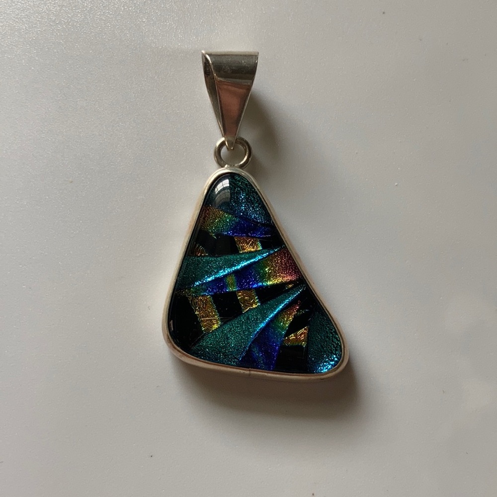 Silver bezel dichroic glass pendants